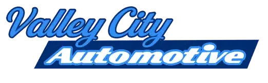 a blue and white valley city automotive logo on a black background