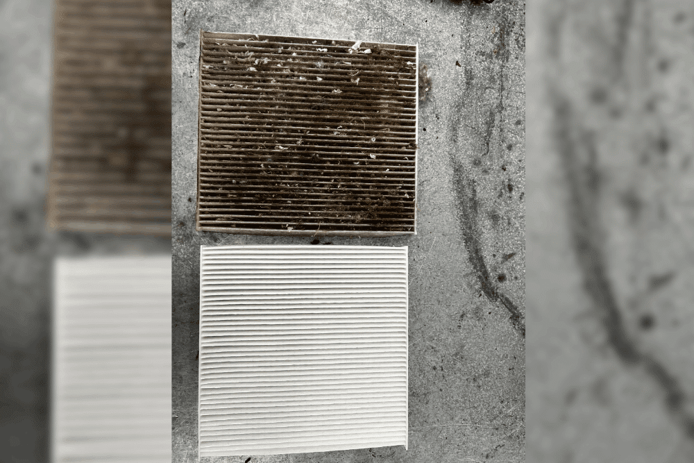 Dirty used cabin air filter displayed beside a clean replacement filter to show the difference before vehicle filter replacement.